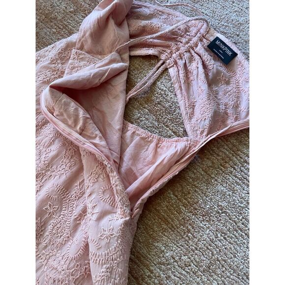 MINKPINK Pink Embroidered Mini Dress Women’s S/M Spaghetti Straps Ruffle Hem - Picture 7 of 9